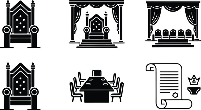 Royal furniture collection thrones tables scrolls black glyph icons set