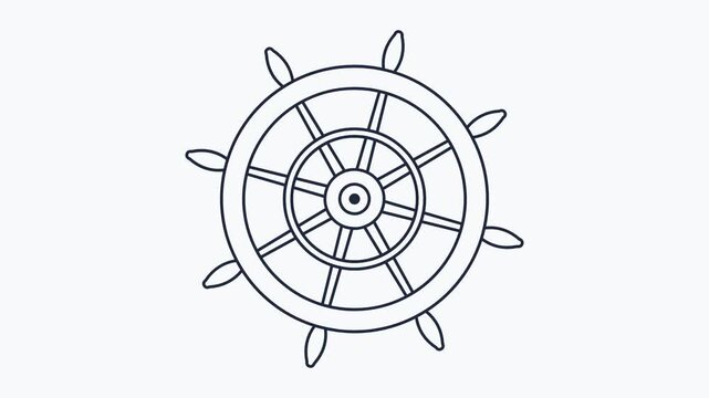 Animated thin outline nautical ship steering wheel spinning with minimal line art helm design