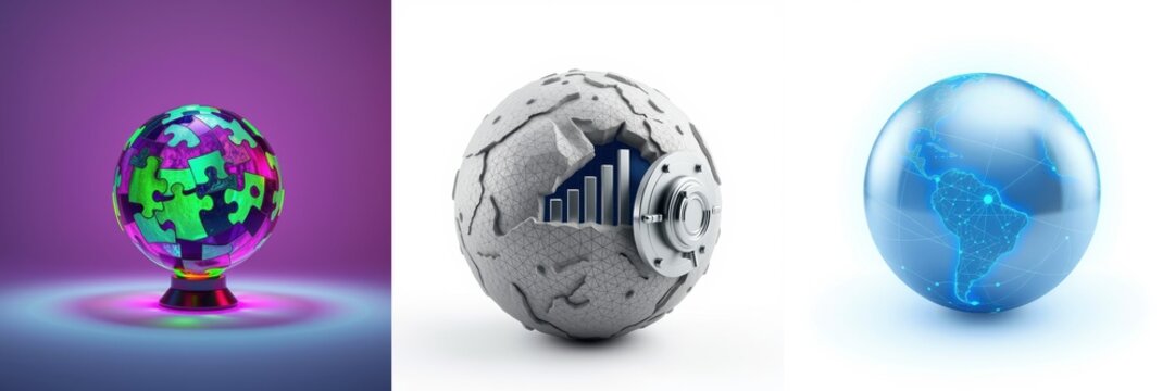 Three spherical images depict global concepts. Colorful puzzle sphere, data analysis globe, earth representation visible. Bright backgrounds enhance visuals.