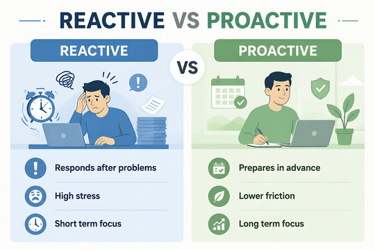 An infographic compares reactive and proactive approaches to work, illustrating the differences in mindset and outcomes.
