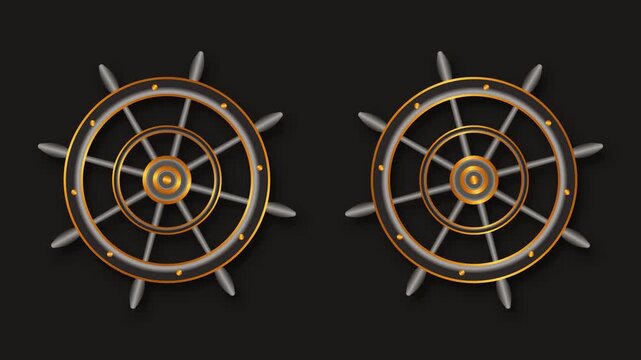 Animated nautical ship steering wheel rocking side to side with pendulum motion and compass detail