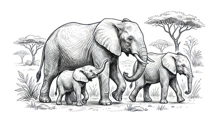 African elephant family with calves wandering in the wild savanna © nisol