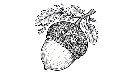 Intricate ornate acorn with oak leaves for adult coloring page © nisol