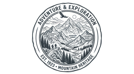 Fototapeta premium Vintage mountain adventure emblem with hikers and soaring eagle