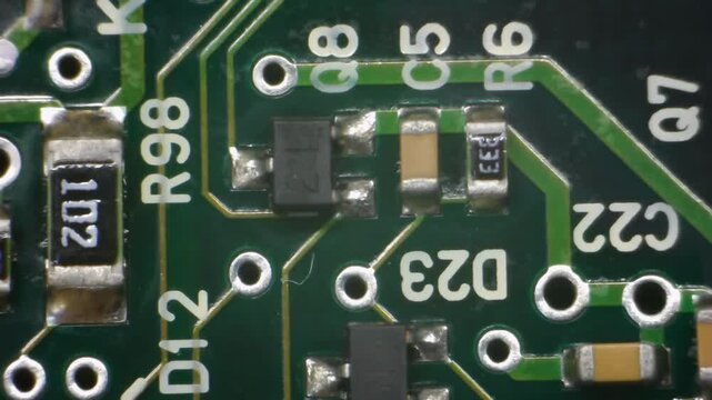 A macro shot of a green circuit board with a translucent glue drop