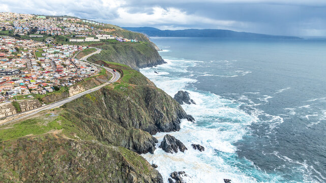Valparaiso, Chile. Aerial view of the beach, harbor, coastline. Aerial view.