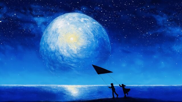 Kids Flying Kite By Sea Under Giant Moon