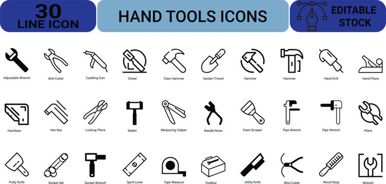 Professional hand tools line icons containing adjustable wrench bolt cutter caulking gun chisel hammer hand drill handsaw hex key and measuring caliper.