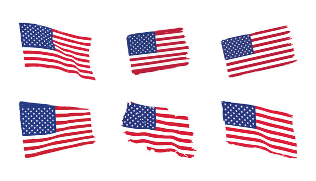 Patriotic grunge brush stroke waving flag six variation set collection on white background