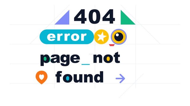 Animated geometric shapes assembling progressively to form a stylized 404 error page graphic on white background