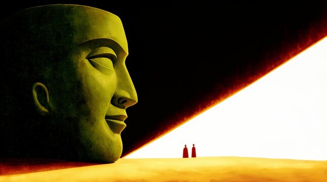 Tiny Figures Beside Giant Buddha Head