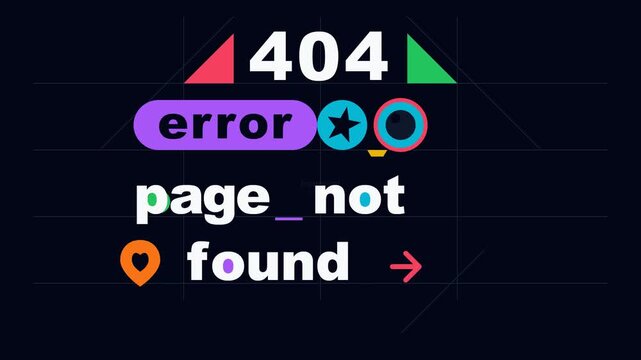 Animated geometric shapes assembling into a 404 error page with dark neon cyberpunk glowing style on black background