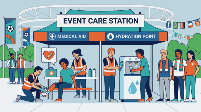 Event care station medical staff assisting attendees.