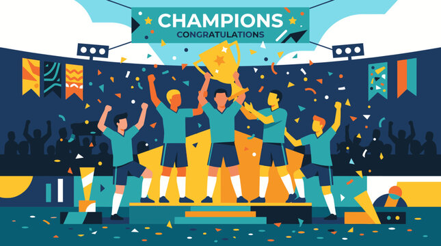 Soccer Team Lifting Championship Trophy On Podium.