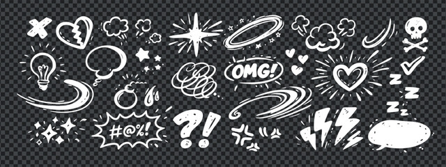 Obraz premium Doodle comic line icons with movement and anime expressions elements in white hand-drawn style for contrast layouts. These expressions movement doodle shapes are bold and clear.