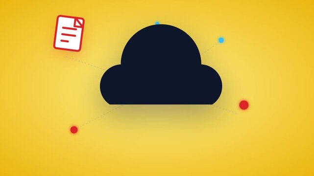 Animated cloud sync graphic with upload download arrows pulsing data nodes and network connections on yellow background