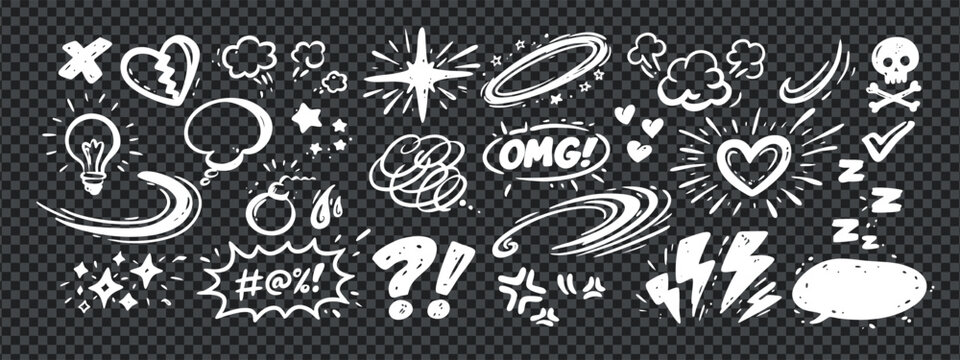 Doodle comic line icons with movement and anime expressions elements in white hand-drawn style for contrast layouts. These expressions movement doodle shapes are bold and clear.
