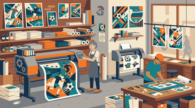 Two technicians operating large format printers producing posters.