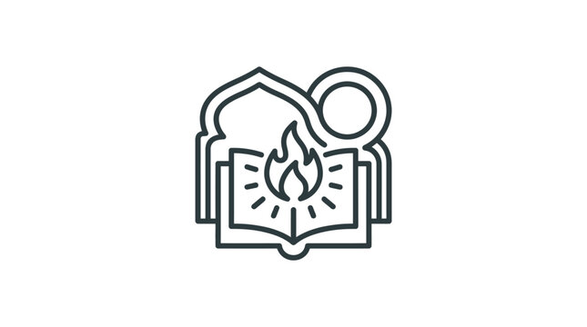 Religious knowledge icon with open book and flame.