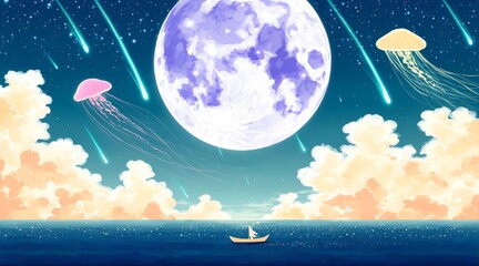 Naklejka premium Fantasy Voyage Under Moonlit Starry Sky