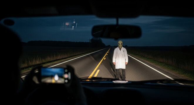Person in alien mask and lab coat stands on dark road at night, viewed from car interior with phone recording, symbolizing mystery, encounter, and extraterrestrial.