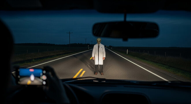 A figure in a white lab coat with an alien mask stands on a dark road at night, filmed by a phone, symbolizing encounter, mystery, and the unknown