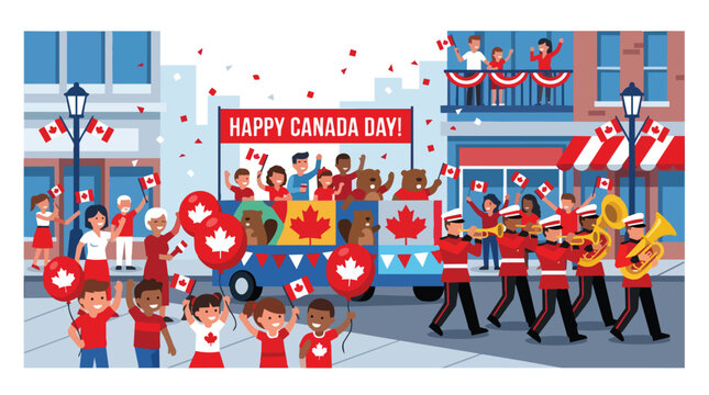 People celebrating Canada Day with a festive parade, marching band, and colorful balloons in a city street