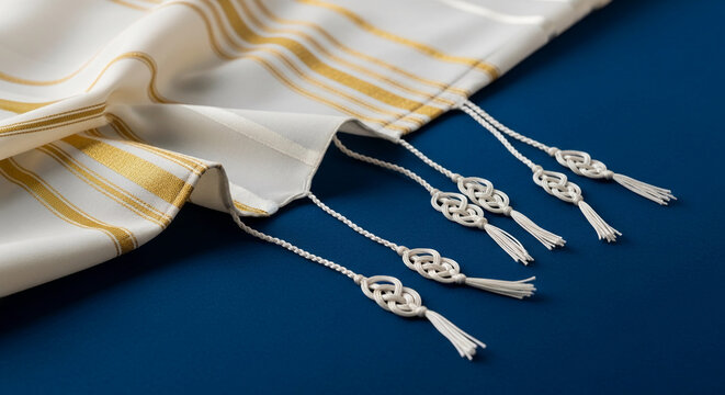 White fabric with gold stripes and decorative knotted tassels, symbolizing religious or ceremonial use, representing tradition and reverence