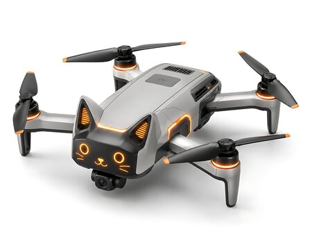 Fun cat face drone, toy quadcopter, gray and orange, remote control aircraft, playful design