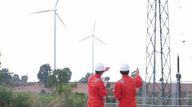 Professional Asian engineering team controlling surveillance drone near windmill grid station. Two industrial workers tracking alternative green power utility data on tablet.