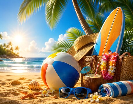 Beach vacation, summer fun, tropical getaway, colorful beachwear