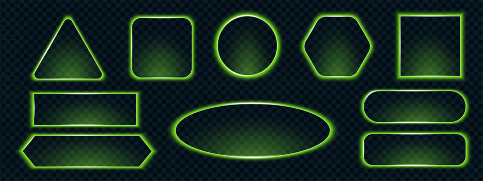 Neon call action glowing shapes in bright lime green color with triangle, circle, and rectangle outlines. Modern luminous frame design for interface highlights.