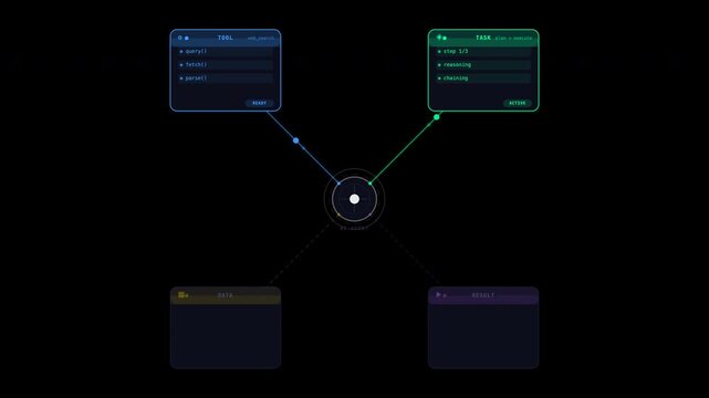 Ideal for techrelated designs. Features a central software interface hub with digital data flow, network lines, geometric nodes on screen.
