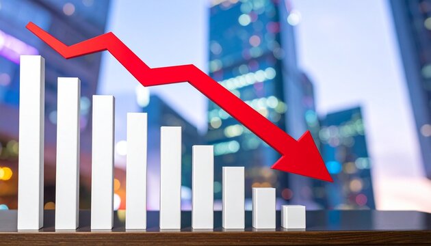 3D bar graph with red arrow showing decline trend