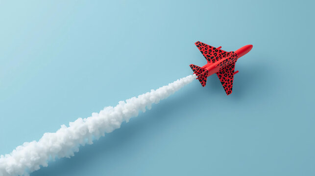 A red toy airplane with black leopard print flies diagonally upward against a light blue background, leaving a thick, fluffy white smoke trail in its wake.