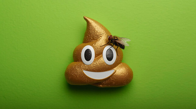 A golden poop emoji with large cartoon eyes and a wide smile is set against a vibrant green background, while a realistic housefly perches on its upper right side.