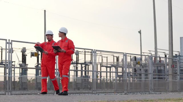 Two Asian industry experts mapping alternative electricity network system using digital tablet. Focused utility operators reviewing renewable green wind turbine farm progress.