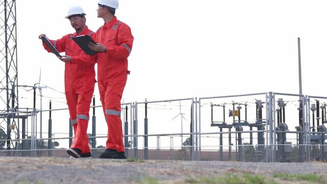 Aged Asian helmet technicians collaborating on windmill green power maintenance grid network. Two industrial engineering experts working inside sustainable alternative utility.