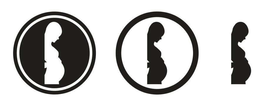 Pregnant Woman Silhouette Icon Set in Circle Frame, Black Icon Collection