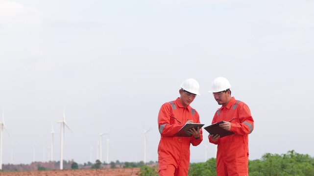 Two Asian male engineering coworkers analyzing renewable turbine data layout on tablet screen. Focused industrial technicians managing green clean electricity utility station.