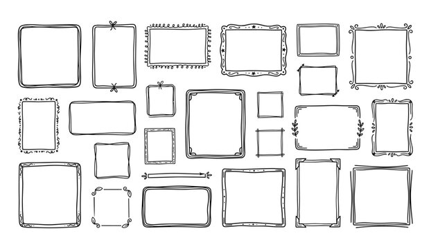 Hand-drawn doodle frames collection. Artistic sketch borders and decorative design elements for invitations, photos, and creative projects.