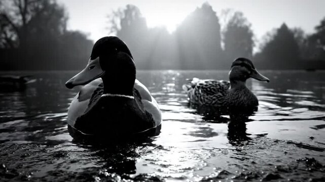 Black and white close up of two ducks floating in lake with sun shining through trees in background