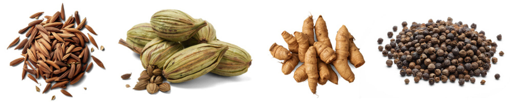 Fresh Assorted Seeds and Spices Collection Featuring Cumin Seeds, Green Cardamom Pods, Turmeric Rhizomes and Black Peppercorns Isolated on White Background &ndash; Realistic Premium PNG Set.