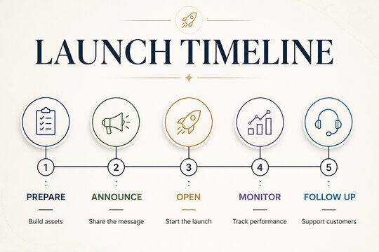 A graphic displays a five-step launch timeline: Prepare, Announce, Open, Monitor, and Follow Up.