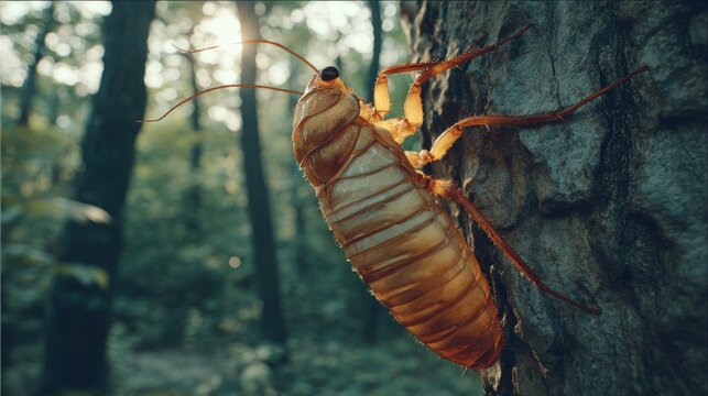 Cicada Exoskeleton Shed on Tree Bark in Soft Sunlight, Capturing Nature's Transformation