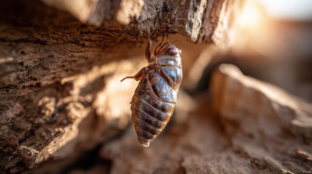 Cicada Exuvia Shell Clinging to Tree Bark, Showcasing Insect Metamorphosis and Life Cycle