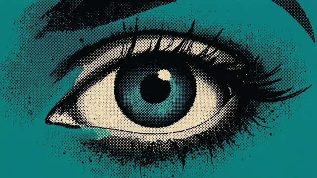 Eye macro animation featuring pop art halftone textures and teal color palette for creative motion graphics and digital video content