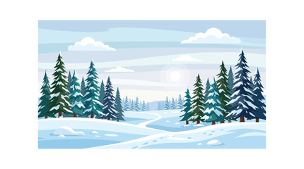 Winter landscape with snow covered pine trees and a winding path © noeh