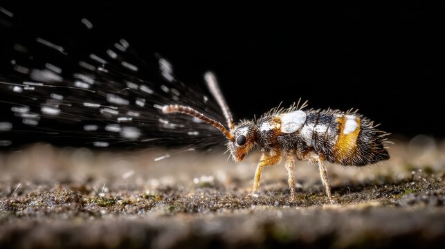 Close-up macro photograph of a springtail insect with powerful jumping legs coiled and ready for action on a textured surface