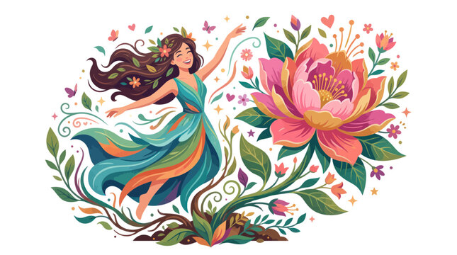 Joyful woman in floral dress dancing near large blooming flowers